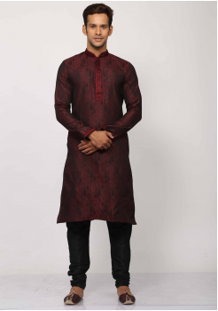 Red With Black Color Silk Fabric Kurta Set